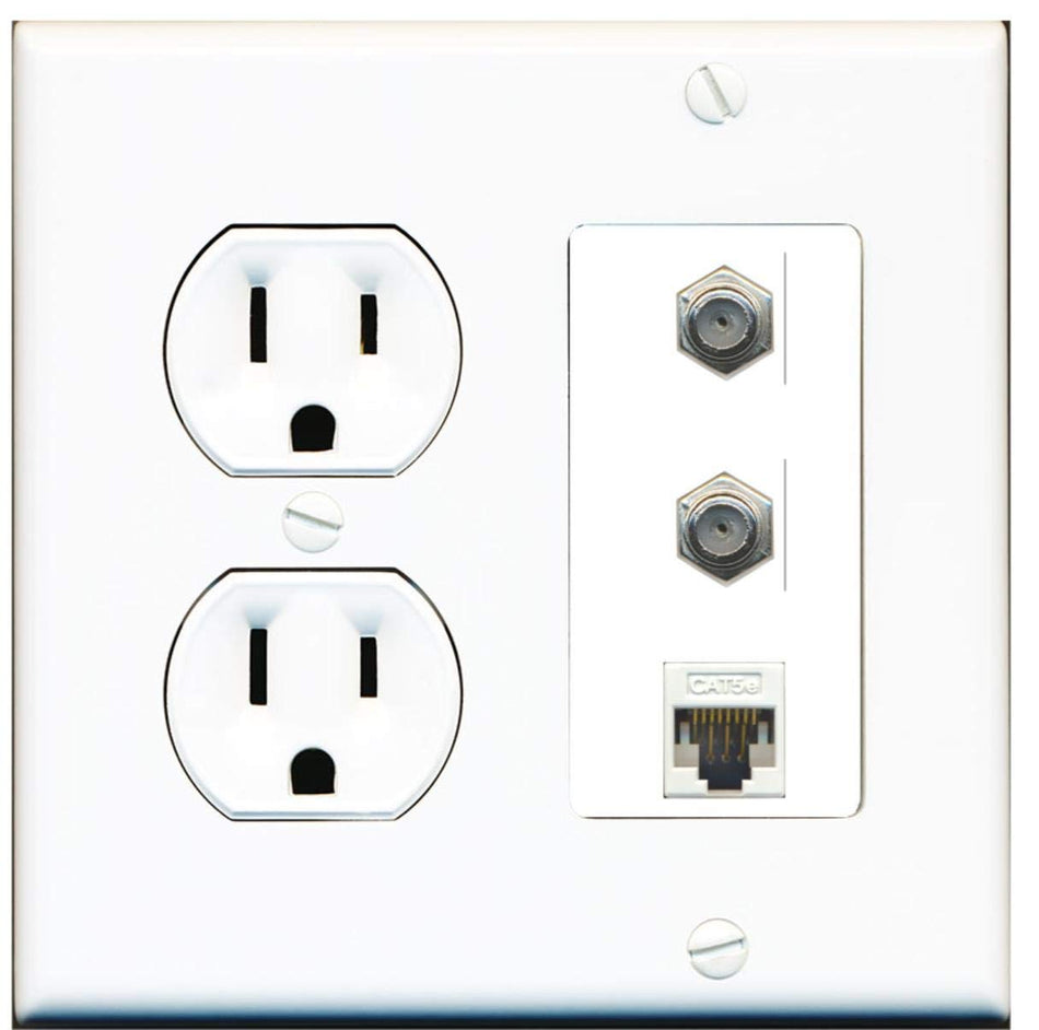 15 Amp Round Power Outlet 2 Port Coax Cable TV 1 Cat5e Ethernet Wall Plate White