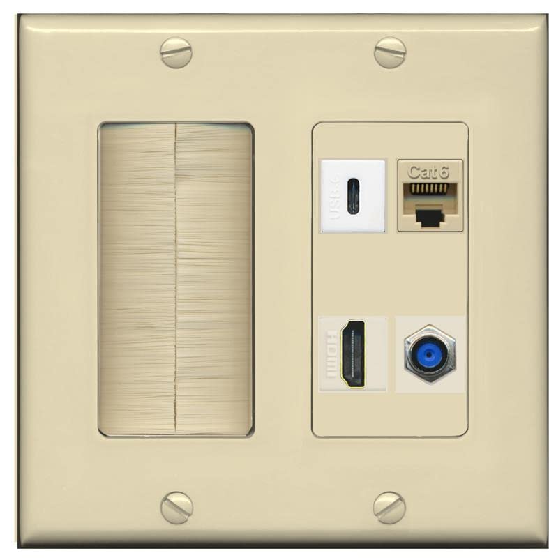 RiteAV USBC HDMI Cat6 Coax F81 Wall Plate - Brush [Ivory/Ivory]