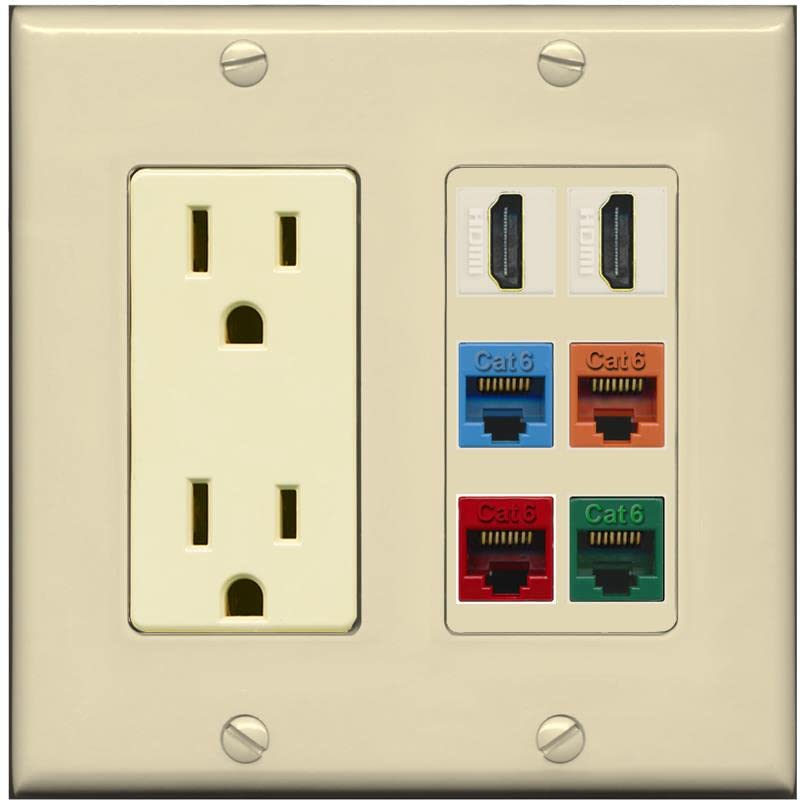 RiteAV 2 HDMI 4 Cat6 Ethernet Mixed Color Wall Plate - Outlet [Ivory/Ivory]