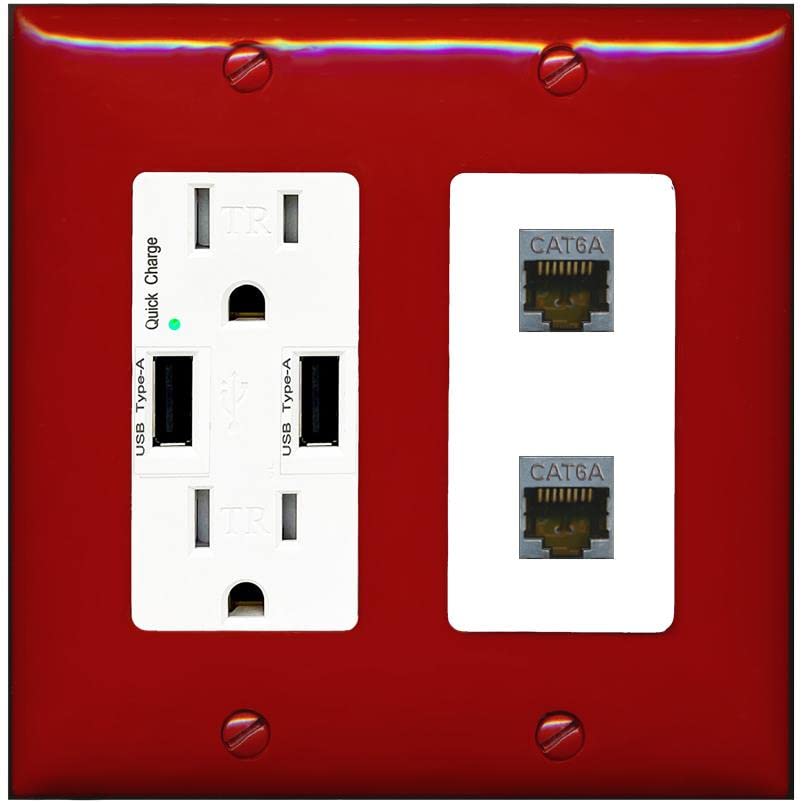 RiteAV 2 Port Cat6A Wall Plate - USB Charger [Red/White]