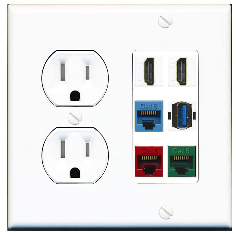 RiteAV 2 HDMI 3 Cat6 Ethernet USB3 Mixed Color Wall Plate - Tamper Res Round [White/White]