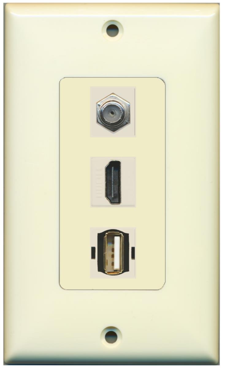 RiteAV - 1 Port HDMI and 1 Port Coax Cable TV- F-Type and 1 Port USB A-A Decorative Wall Plate - Light Almond