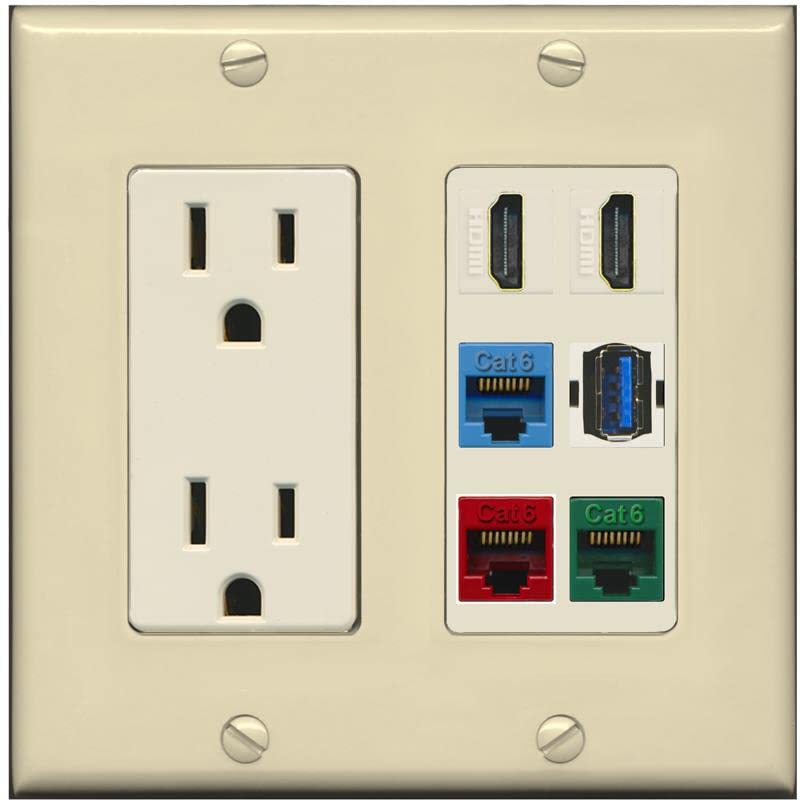 RiteAV 2 HDMI 3 Cat6 Ethernet USB3 Mixed Color Wall Plate - Outlet [Ivory/Light-Almond]