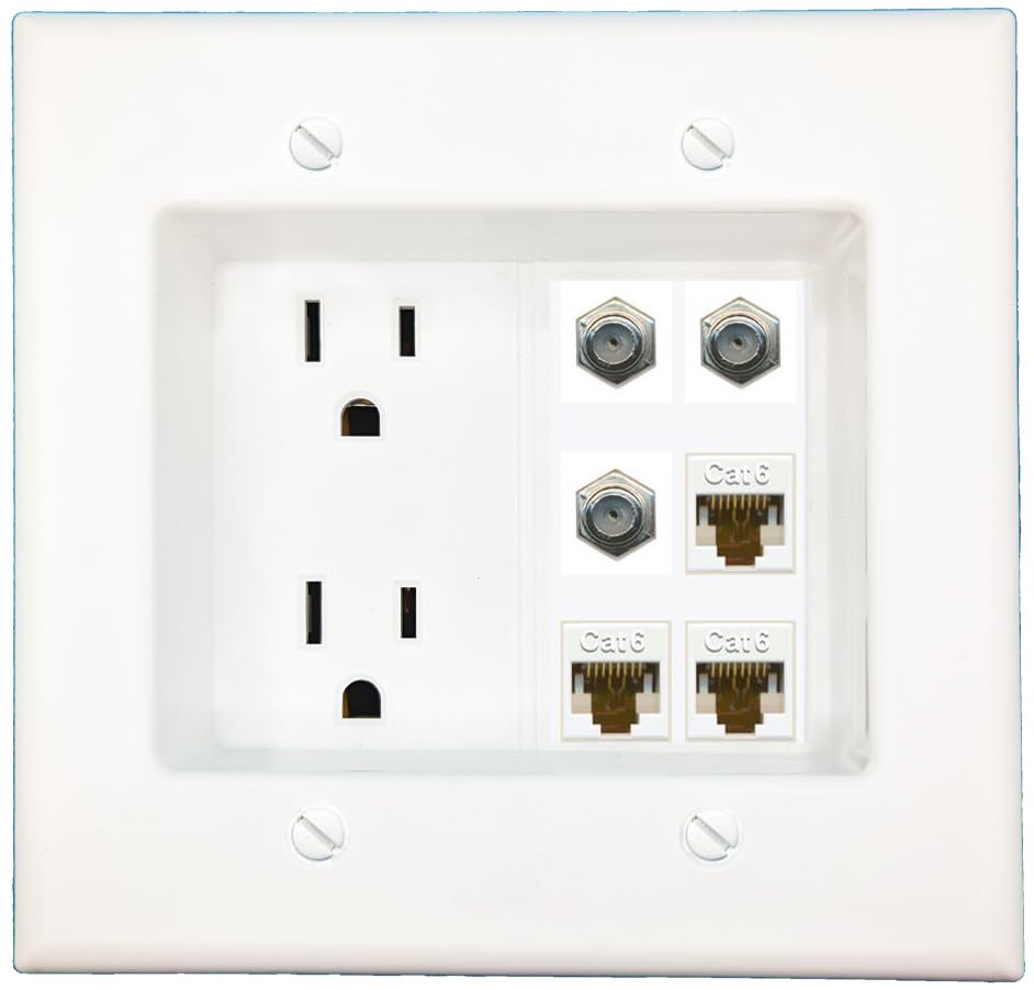 RiteAV Recessed Duplex Receptacle Outlet 3 CAT6 3 COAX Wall Plate White