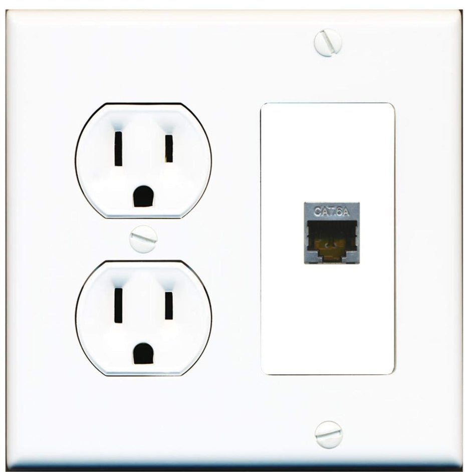 15 Amp Round Power Outlet 1 Port Cat6a Shielded Ethernet Wall Plate White