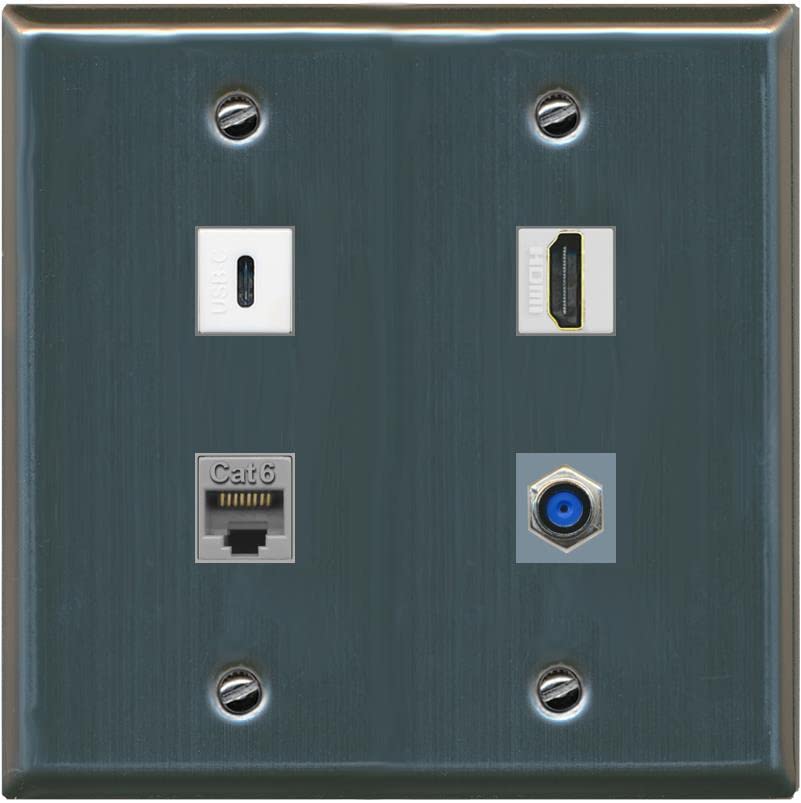 RiteAV USBC HDMI Cat6 Coax F81 Wall Plate - Flat 2 Gang [Stainless Steel]