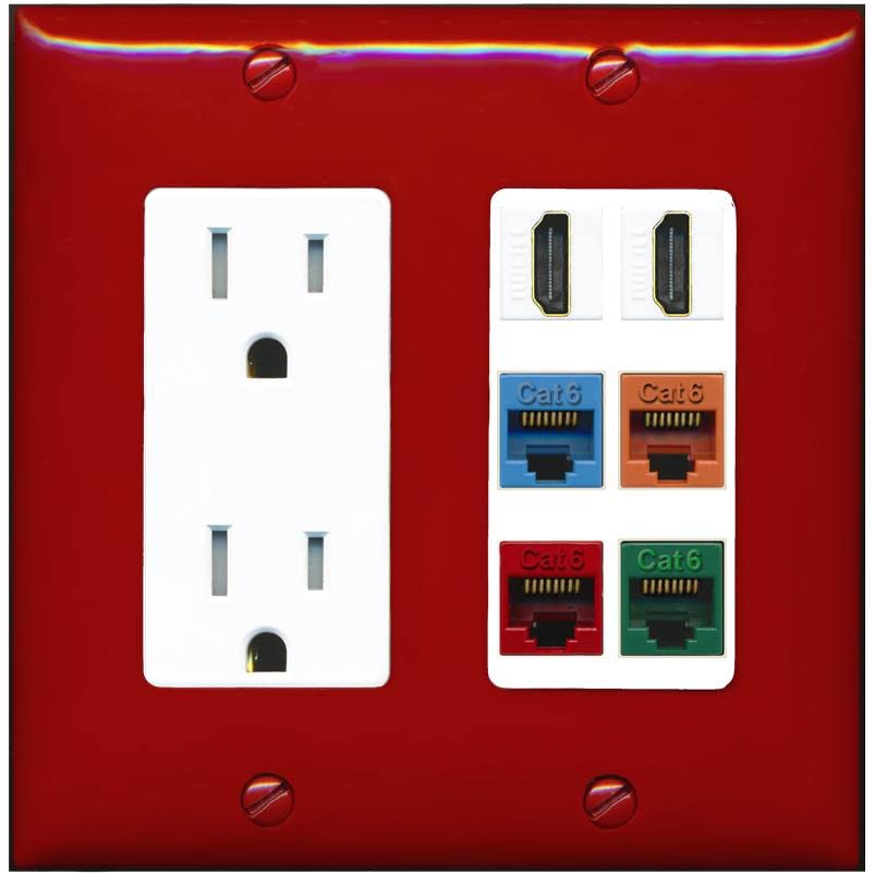 RiteAV 2 HDMI 4 Cat6 Ethernet Mixed Color Wall Plate - Tamper-Resistant [Red/White]