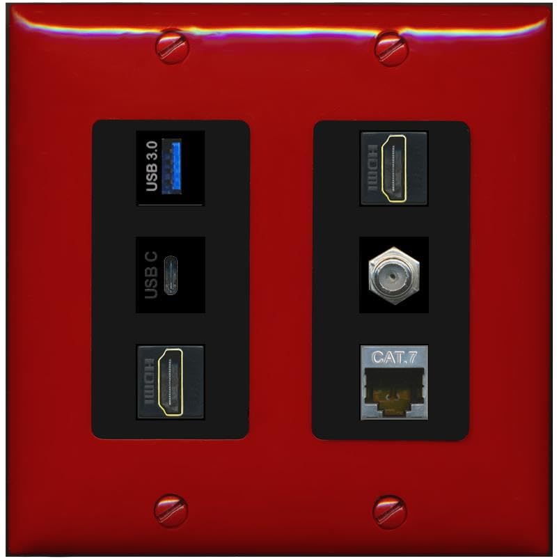 RiteAV USB 3 USB C 2 HDMI Coax Cat7 Wall Plate - 2 Gang [Red/Black]