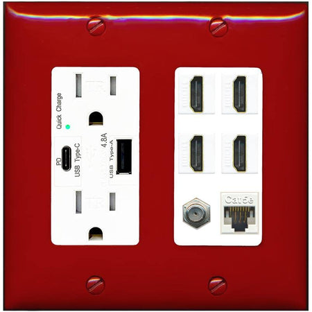 RiteAV 4 HDMI Coax Cat5e Wall Plate - (USB A+C Outlet-Red/White)