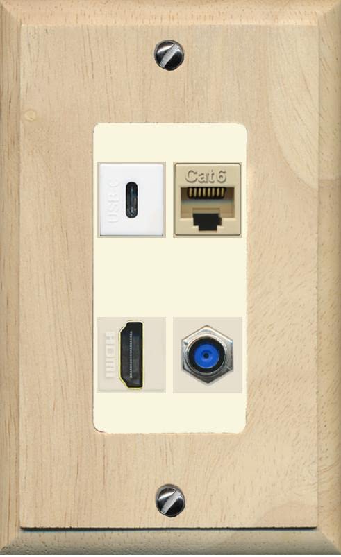 RiteAV USBC HDMI Cat6 Coax F81 Wall Plate - 1 Gang [Wood/Light-Almond]