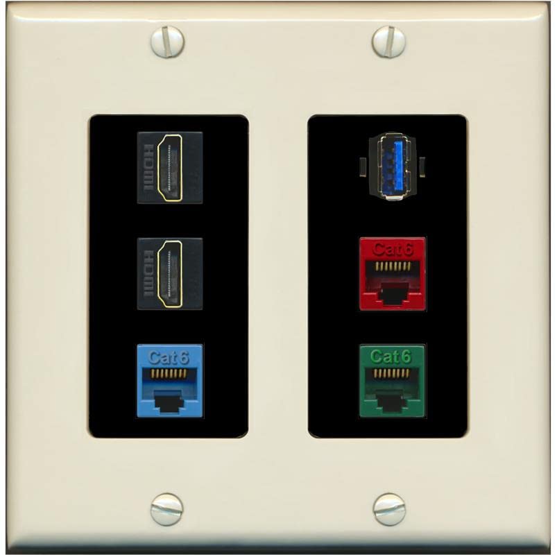 RiteAV 2 HDMI 3 Cat6 Ethernet USB3 Mixed Color Wall Plate - 2 Gang [Light-Almond/Black]