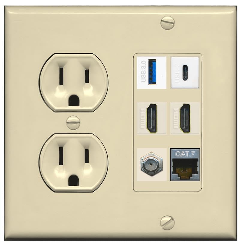 RiteAV USB 3 USB C 2 HDMI Coax Cat7 Wall Plate - Round Outlet [Ivory/Ivory]