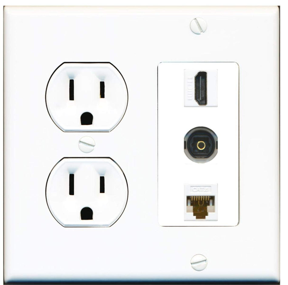 15 Amp Round Power Outlet 1 Port HDMI 1 Toslink 1 Cat6 Ethernet Wall Plate