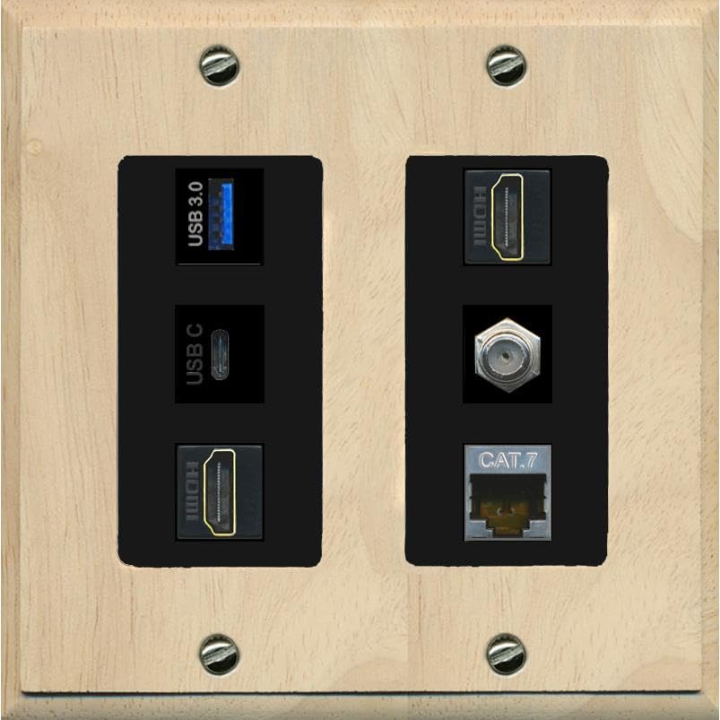 RiteAV USB 3 USB C 2 HDMI Coax Cat7 Wall Plate - 2 Gang [Wood/Black]