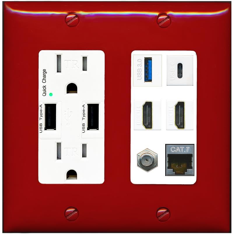 RiteAV USB 3 USB C 2 HDMI Coax Cat7 Wall Plate - USB Charger [Red/White]