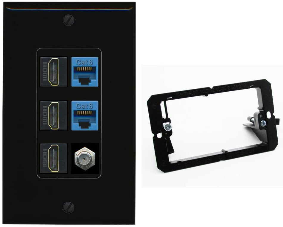 RiteAV 3 HDMI Wall Plate 2 Cat6 1 Coax - 1 Gang w-Bracket [Black/Black]