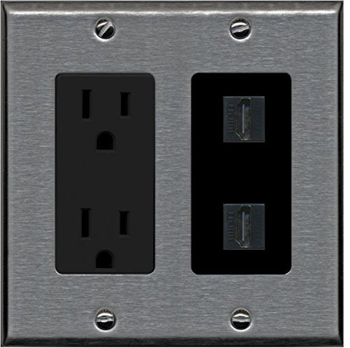 RiteAV HDMI Wall Plate 2 Port - Outlet [Stainless/Black]