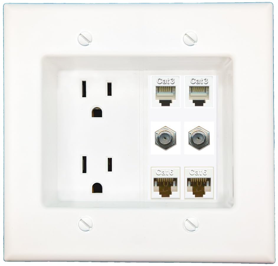RiteAV Recessed Duplex Receptacle Outlet 2 CAT6 2 COAX 2 PHONE Wall Plate White