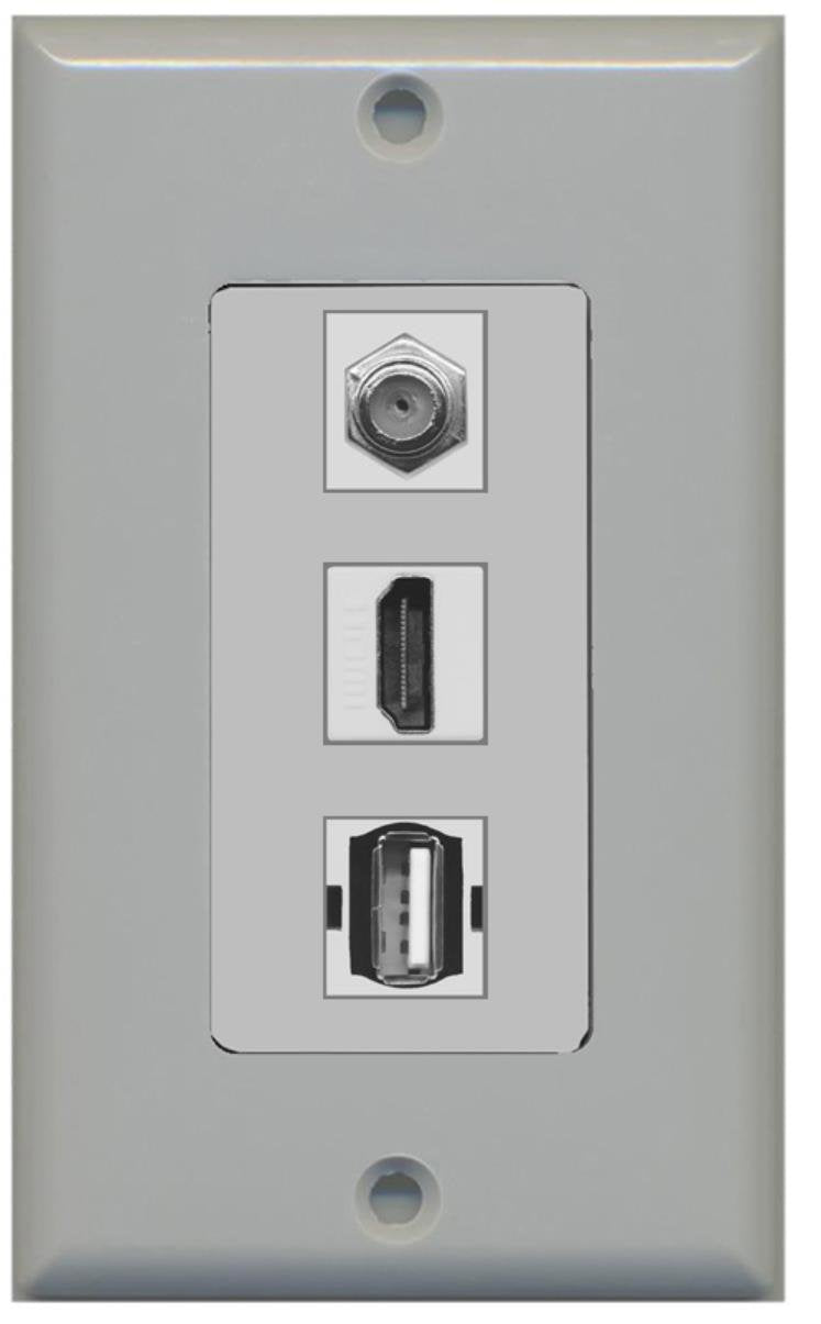 RiteAV - 1 Port HDMI and 1 Port Coax Cable TV- F-Type and 1 Port USB A-A Decorative Wall Plate - Gray