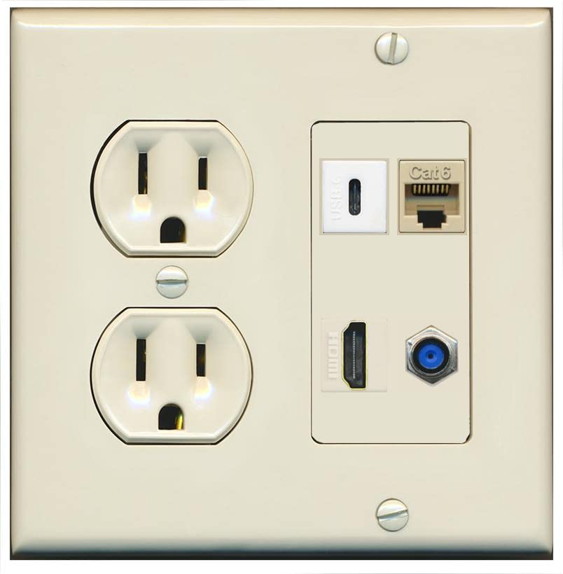 RiteAV USBC HDMI Cat6 Coax F81 Wall Plate - Round Outlet [Light-Almond]