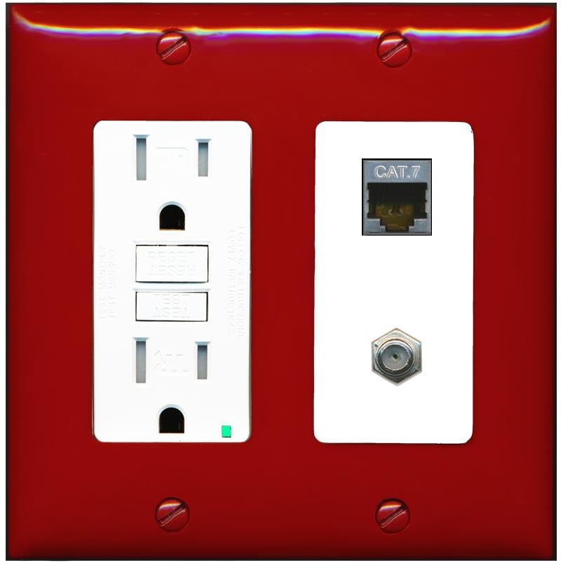 RiteAV Coax and Cat7 Wall Plate - GFCI [Red/White]