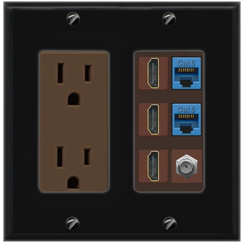 RiteAV 3 HDMI Wall Plate 2 Cat6 1 Coax - Outlet [Black/Brown]