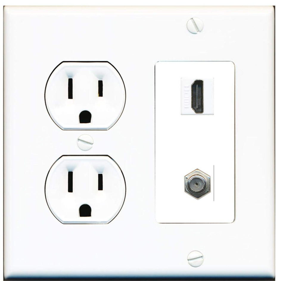 15 Amp Round Power Outlet 1 Port HDMI 1 Coax Cable-TV F-Type Wall Plate White