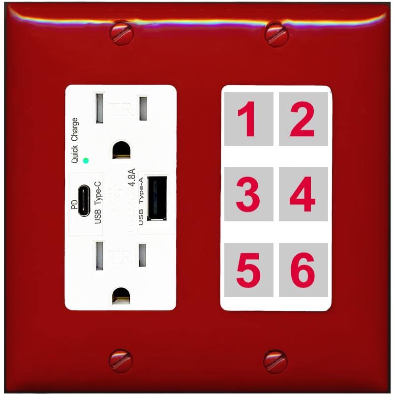 RiteAV 6 Port Custom Wall Plate - USB A+C Charger [Red/White]