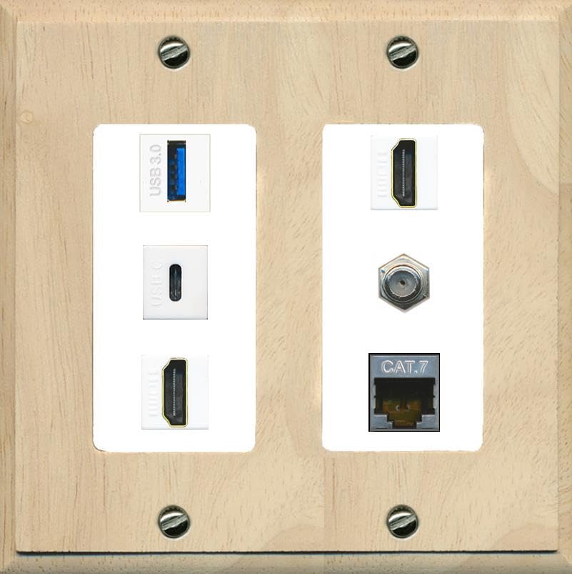 RiteAV USB 3 USB C 2 HDMI Coax Cat7 Wall Plate - 2 Gang [Wood/White]