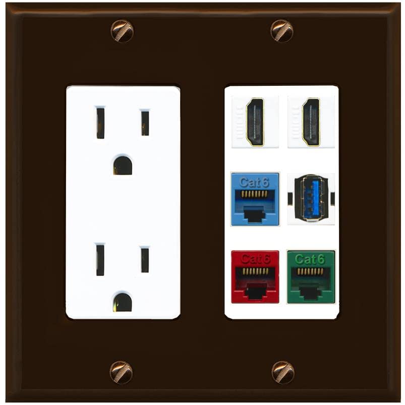 RiteAV 2 HDMI 3 Cat6 Ethernet USB3 Mixed Color Wall Plate - Outlet [Brown/White]