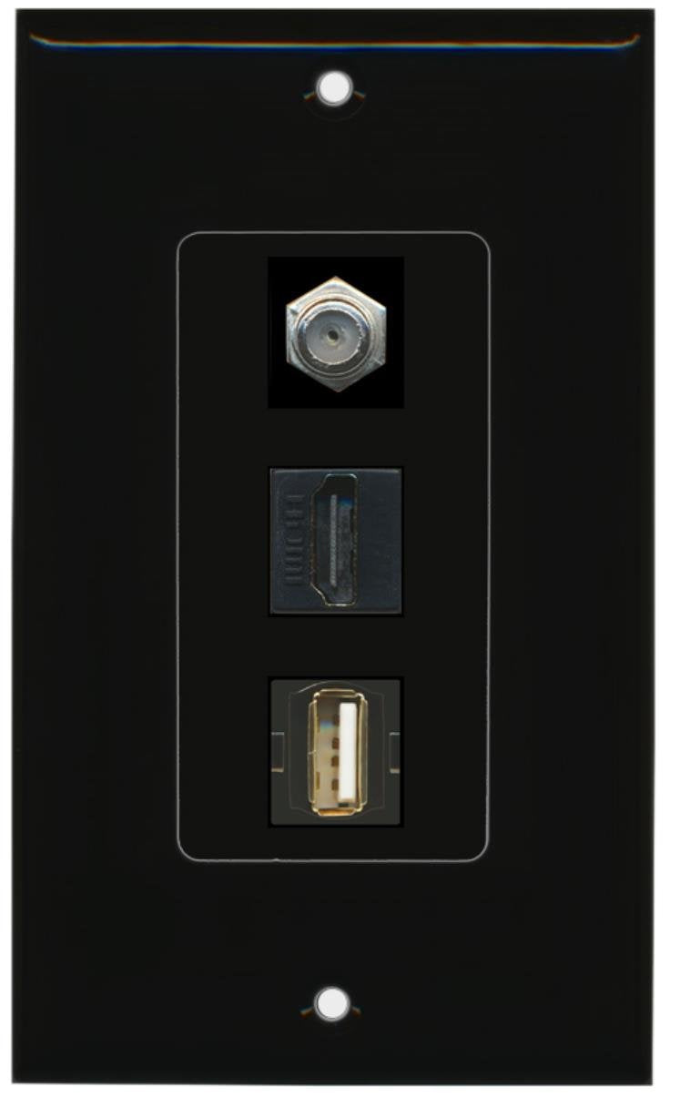 RiteAV - 1 Port HDMI and 1 Port Coax Cable TV- F-Type and 1 Port USB A-A Decorative Wall Plate - Black