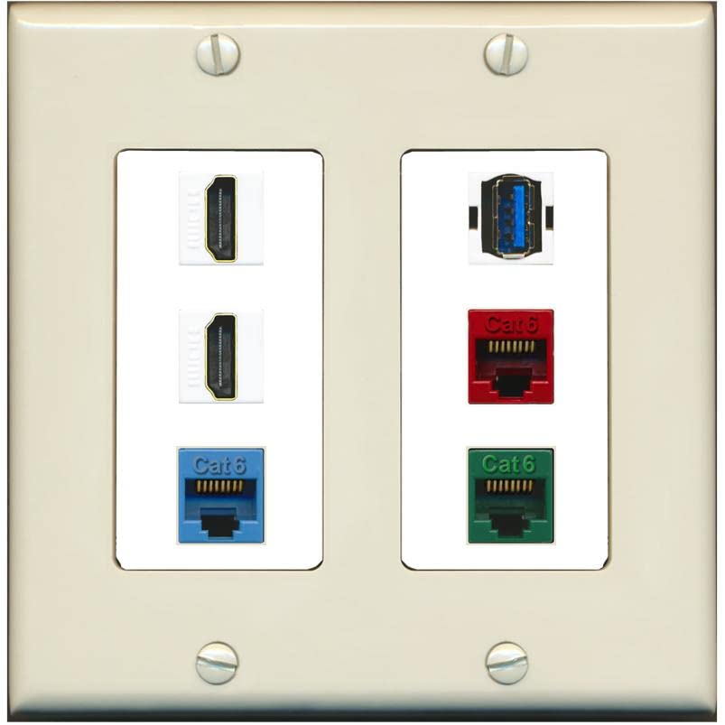 RiteAV 2 HDMI 3 Cat6 Ethernet USB3 Mixed Color Wall Plate - 2 Gang [Light-Almond/White]