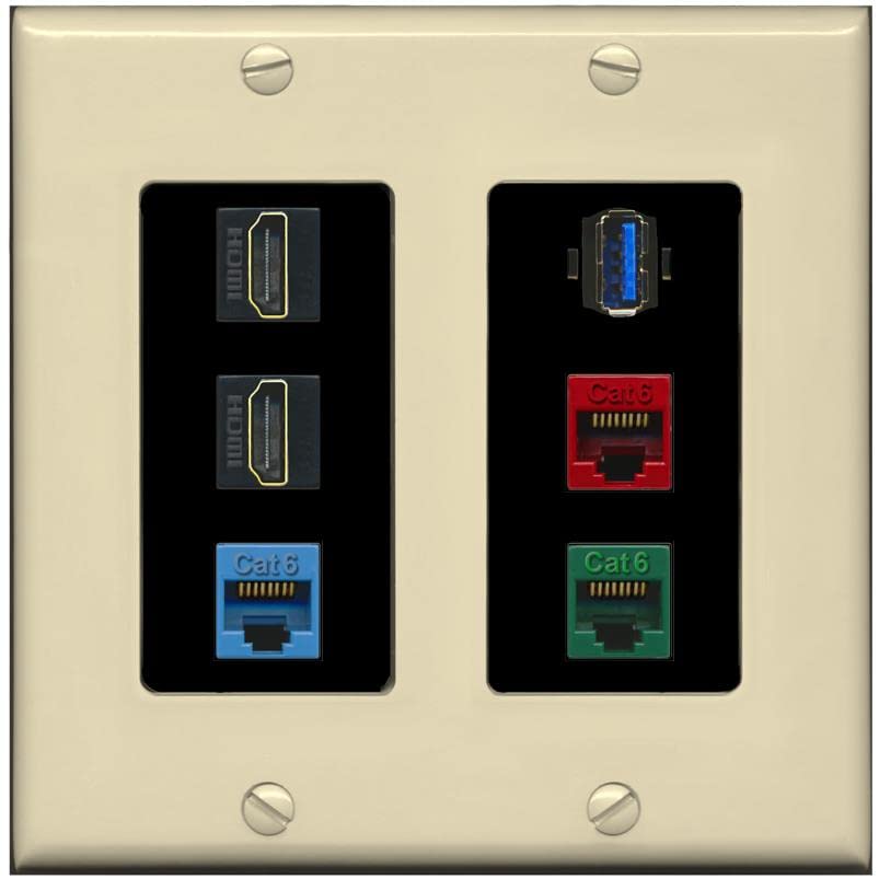 RiteAV 2 HDMI 3 Cat6 Ethernet USB3 Mixed Color Wall Plate - 2 Gang [Ivory/Black]