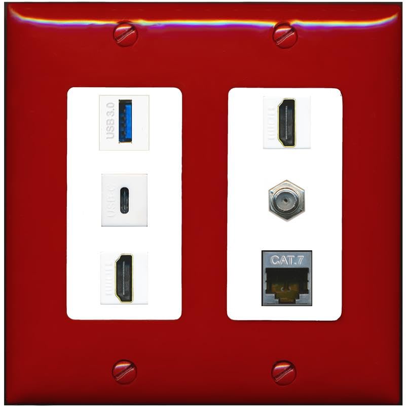 RiteAV USB 3 USB C 2 HDMI Coax Cat7 Wall Plate - 2 Gang [Red/White]