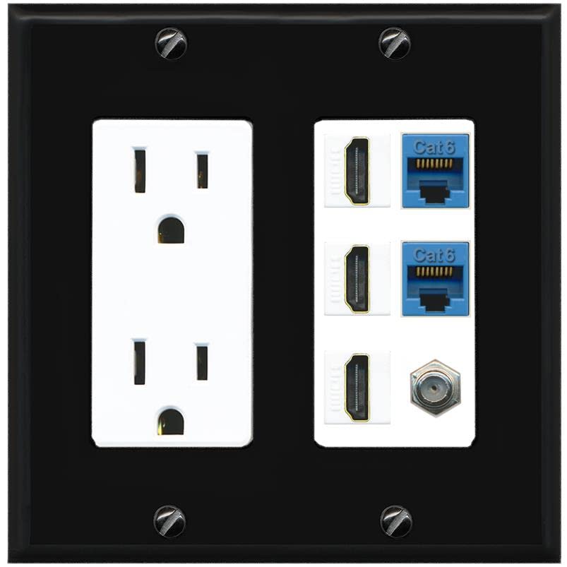 RiteAV 3 HDMI Wall Plate 2 Cat6 1 Coax - Outlet [Black/White]