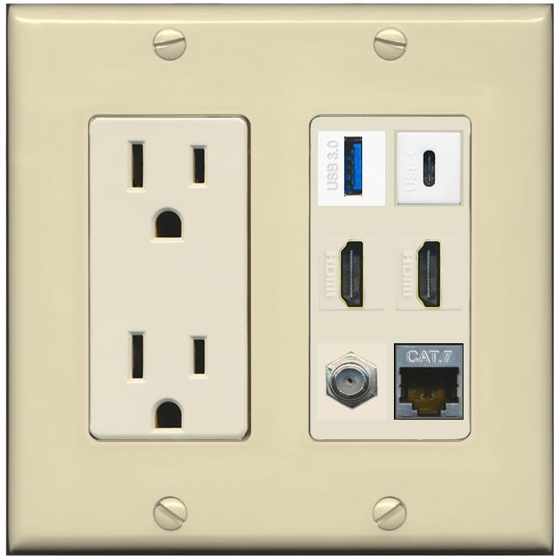 RiteAV USB 3 USB C 2 HDMI Coax Cat7 Wall Plate - Outlet [Ivory/Light-Almond]