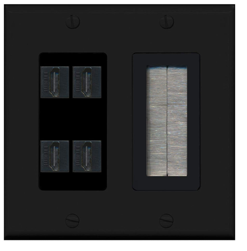 RiteAV - 4 Port HDMI + 1 Brush Wall Plate Female Black Decorative 2 Gang