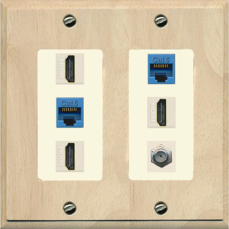 RiteAV 3 HDMI Wall Plate 2 Cat6 1 Coax - 2 Gang [Wood/Light-Almond]