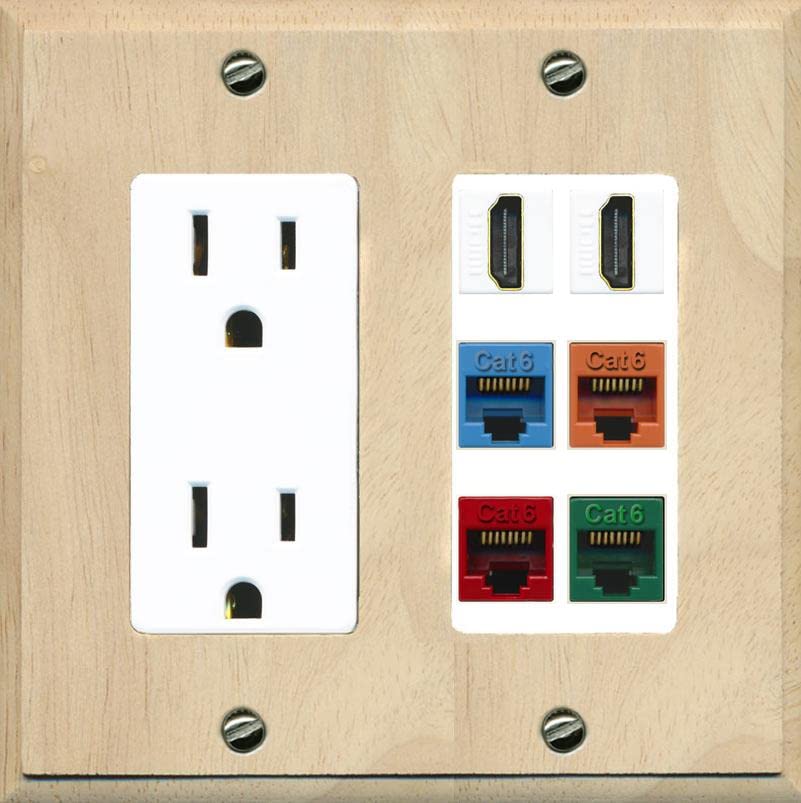 RiteAV 2 HDMI 4 Cat6 Ethernet Mixed Color Wall Plate - Outlet [Wood/White]