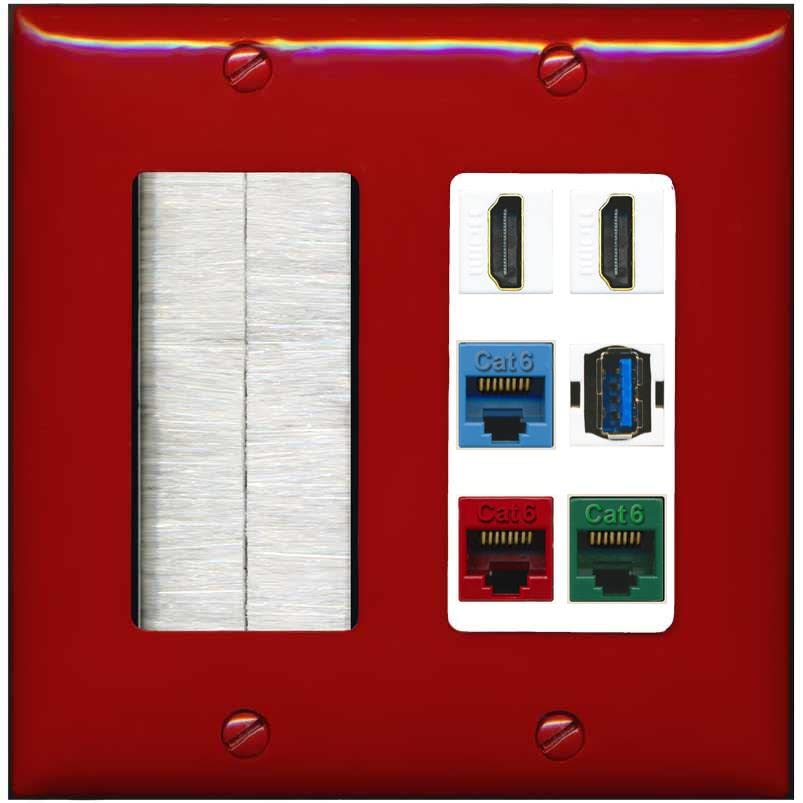 RiteAV 2 HDMI 3 Cat6 Ethernet USB3 Mixed Color Wall Plate - Brush [Red/White]