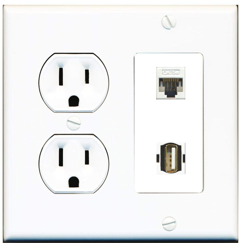 15 Amp Round Power Outlet 1 Port Cat5e Ethernet USB A-A Wall Plate White