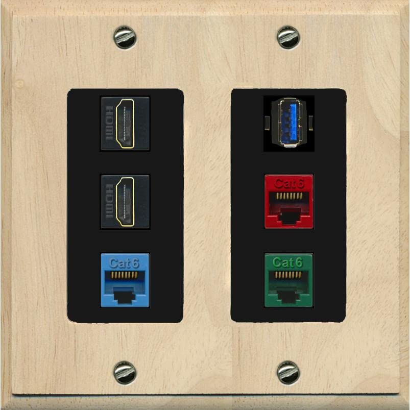 RiteAV 2 HDMI 3 Cat6 Ethernet USB3 Mixed Color Wall Plate - 2 Gang [Wood/Black]