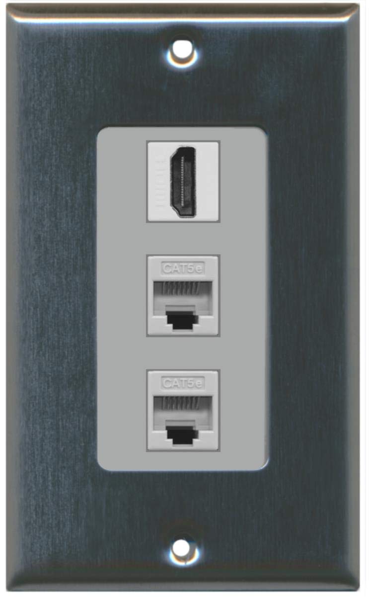 RiteAV - 1 HDMI and 2 Cat5e Ethernet Port Female Decorative Wall Plate - Stainless Steel/Gray - Bracket Included
