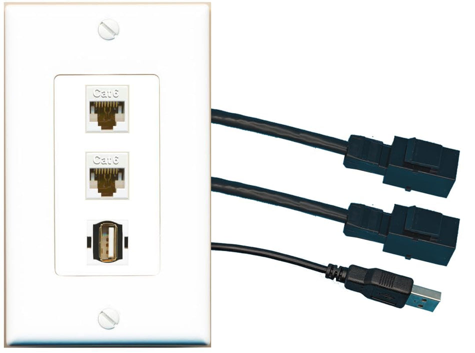 RiteAV 2 CAT6 USB2 Wall Plate with Pigtail Dongle Extension White