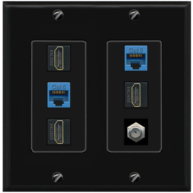 RiteAV 3 HDMI Wall Plate 2 Cat6 1 Coax - 2 Gang [Black/Black]