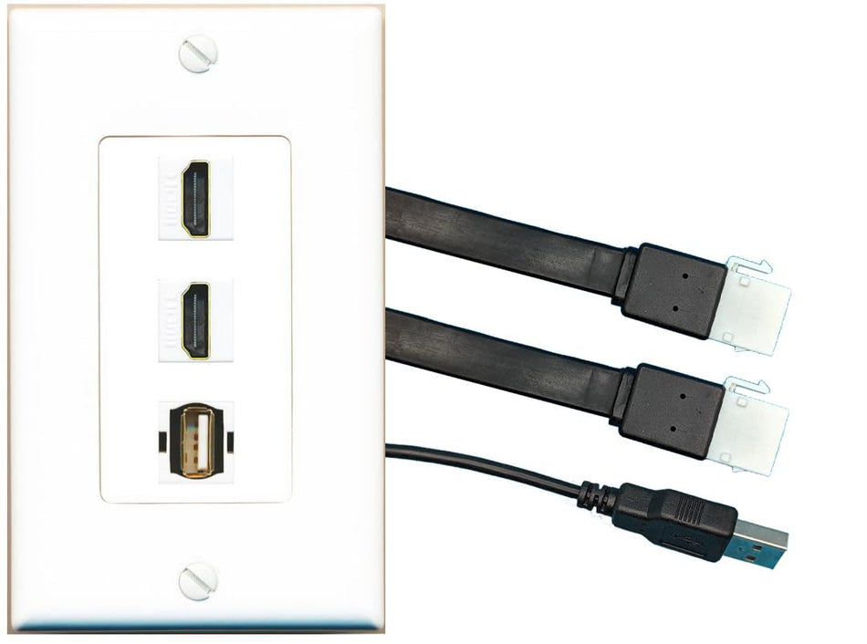RiteAV 2 HDMI USB2 Wall Plate with Pigtail Dongle Extension White