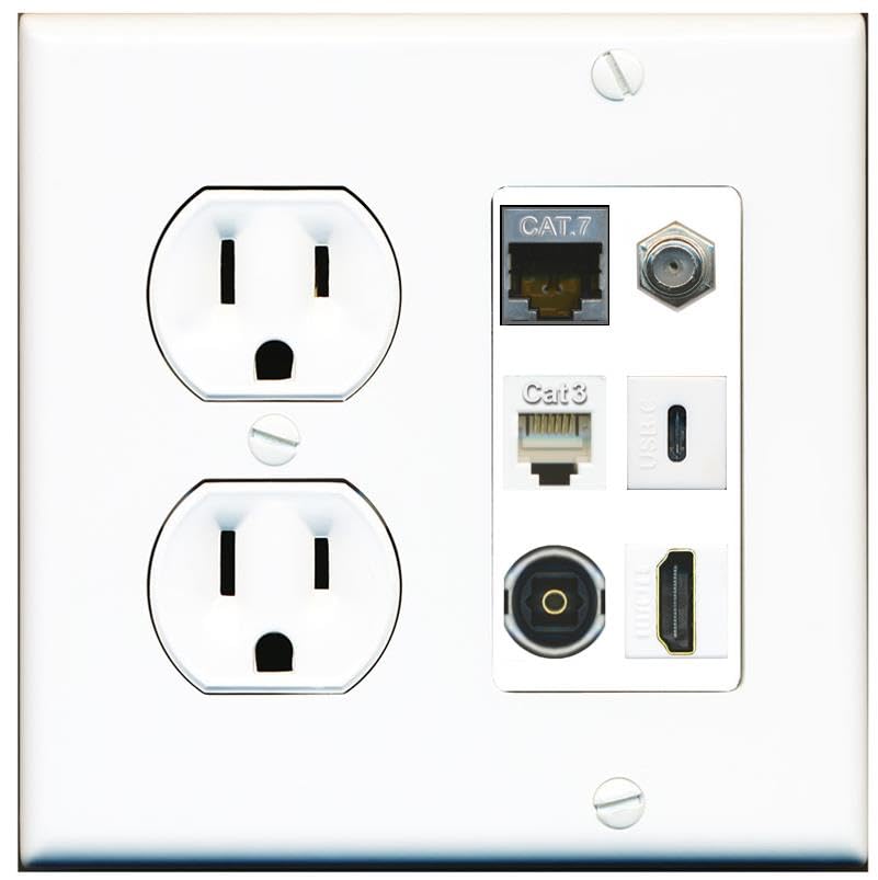 CAT7 COAX HDMI PHONE TOSLINK USBC Wall Plate-Round Outlet White