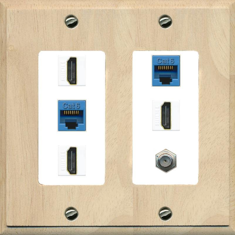 RiteAV 3 HDMI Wall Plate 2 Cat6 1 Coax - 2 Gang [Wood/White]