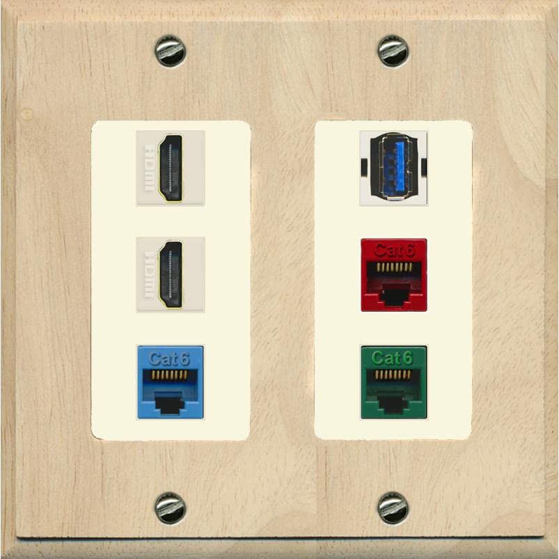 RiteAV 2 HDMI 3 Cat6 Ethernet USB3 Mixed Color Wall Plate - 2 Gang [Wood/Light-Almond]