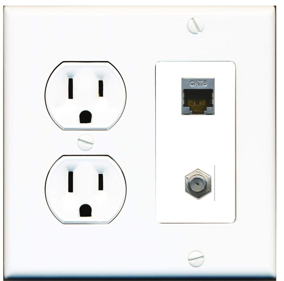 15 Amp Round Power Outlet 1 Port Cat6 Shielded 1 Coax Cable TV F-Type Wall Plate